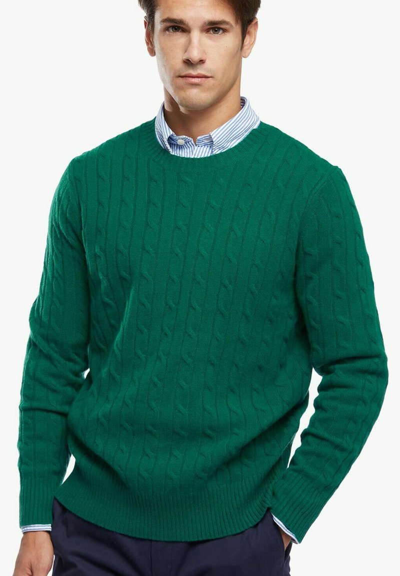 Grüner Kabelstrickpullover mit gerippten Bündchen und Saum, mit Rundhalsausschnitt. Über einem hellblauen und weißen gestreiften Hemd mit Kragen getragen.