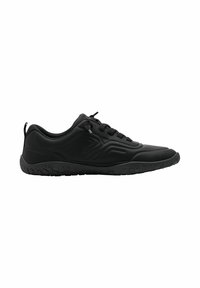 Black athletic shoes with a smooth synthetic upper, textured accents, lace closure, and a rubber outsole featuring a tread pattern.