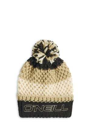 Gebreide beige, crème en zwarte wintermuts met pompon bovenop en "O'NEILL" geborduurd op de zwarte opgevouwen rand.