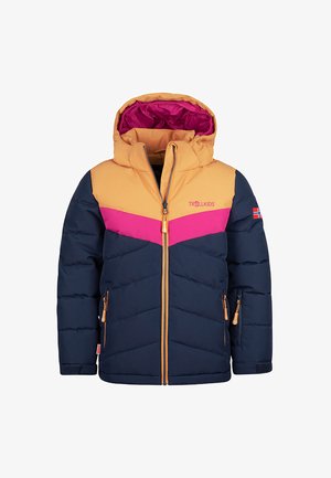 Navyblaue Steppjacke mit orangefarbenen und pinkfarbenen Akzenten, ausgestattet mit Kapuze, Frontreißverschluss und zwei seitlichen Reißverschlusstaschen.