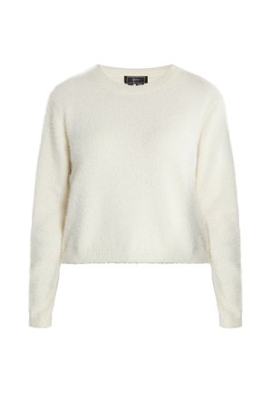 Bílý, nadýchaný pletený svetr s dlouhými rukávy a kulatým výstřihem. Měkká textura; zkrácený střih; žádné viditelné vzory ani ozdoby.