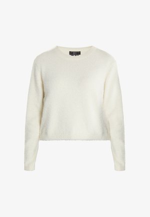 Bílý, nadýchaný pletený svetr s dlouhými rukávy a kulatým výstřihem. Měkká textura; zkrácený střih; žádné viditelné vzory ani ozdoby.