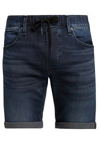 Mörkblå denimshorts med dragsko i midjan, femfickdesign och uppvikt fåll. Slät textur med subtila urblekningsdetaljer.