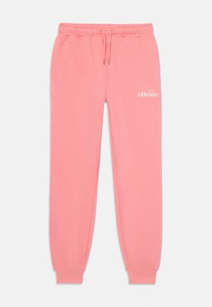 Calças de jogging em algodão rosa claro com cintura elástica e cordão. Apresentam punhos elásticos e um logótipo branco impresso no quadril esquerdo.