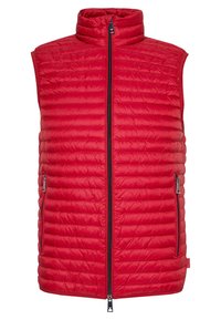 Červená péřová vesta s vysokým límcem, zipovým uzávěrem a dvěma bočními zipovými kapsami. Texturováno s horizontálním prošíváním. Lehká a zateplená.
