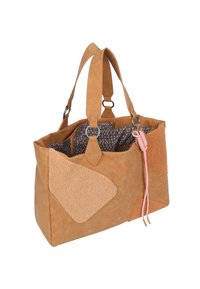 Tan lederen tas met contrasterende textuurvlekken, dubbele handgrepen en een gestreepte binnenvoering. Voorzien van metalen hardware en een decoratieve koord.