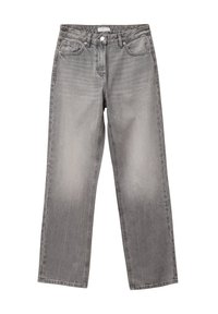 Grå denim jeans med lige ben, der har høj talje, frontlommer og subtil falming. Ingen udsmykninger eller særlige mønstre.