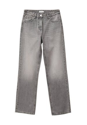 Szare dżinsy o prostym kroju nogawki, z wysokim stanem, przednimi kieszeniami i subtelnym zatarciem. Bez ozdób ani wyraźnych wzorów.