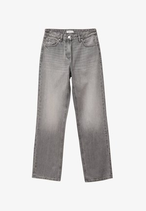 Graue Denim-Jeans mit geradem Schnitt, hoher Taille, Fronttaschen und subtilen Ausbleichungen. Keine Verzierungen oder auffällige Muster.
