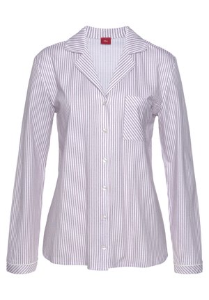 Striped button-up shirt in light lavender and white; long sleeves, chest pocket, notch collar, and pearl-like buttons.
