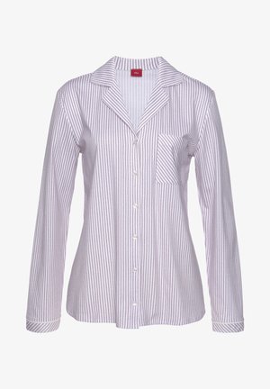 Striped button-up shirt in light lavender and white; long sleeves, chest pocket, notch collar, and pearl-like buttons.