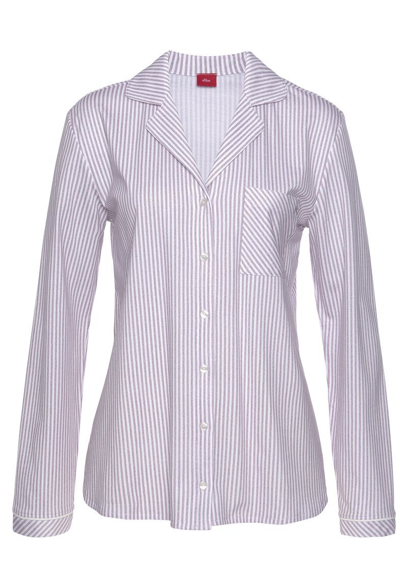 Gestreepte blouse in licht lavendel en wit; lange mouwen, borstzak, notch-kraag en parelachtige knopen.