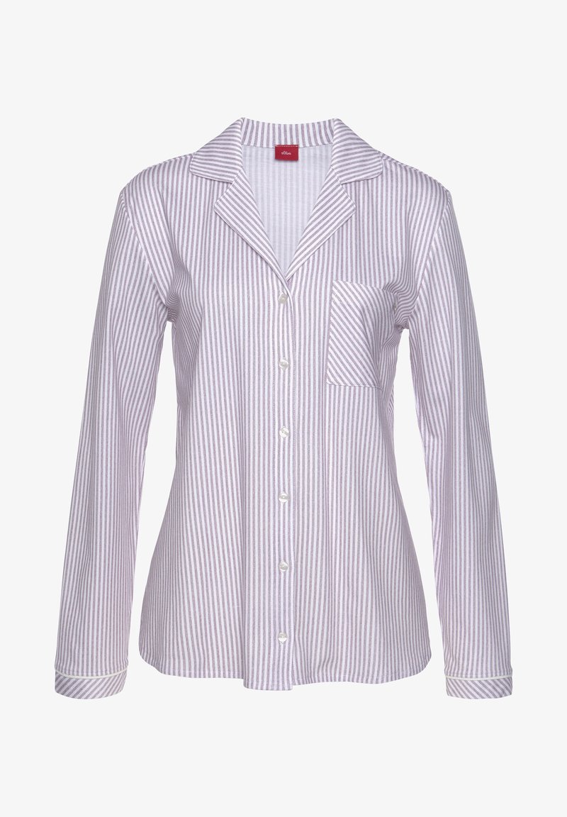 Gestreepte blouse in licht lavendel en wit; lange mouwen, borstzak, notch-kraag en parelachtige knopen.