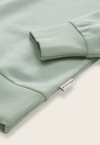 Lichtgroene sweatshirt met ribgebreide manchetten en zoom, een gladde textuur en een zichtbare logolabel met zwarte letters op de zijkant.