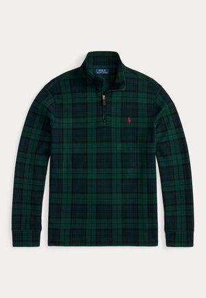 Pullover em padrão xadrez verde com meio fecho, feito de tecido suave. Apresenta um pequeno logotipo vermelho no peito e punhos canelados.