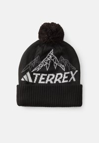 Zwarte gebreide beanie met een omslag, voorzien van een pompon bovenop, witte "TERREX" tekst en een grafisch ontwerp van bergen in het grijs.
