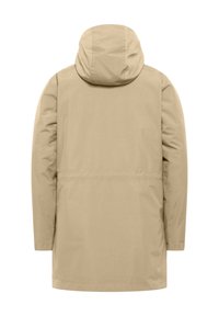 Manteau parka kaki avec capuche, offrant un tissu lisse et résistant à l'eau, des manches longues et une silhouette droite sans fermetures visibles.