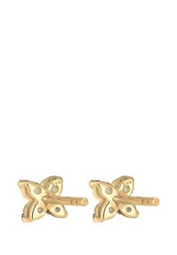 Goldene, schmetterlingsförmige Ohrstecker mit gravierten Details und kleinen runden Akzenten, die eine polierte Oberfläche und eine glatte Textur aufweisen.