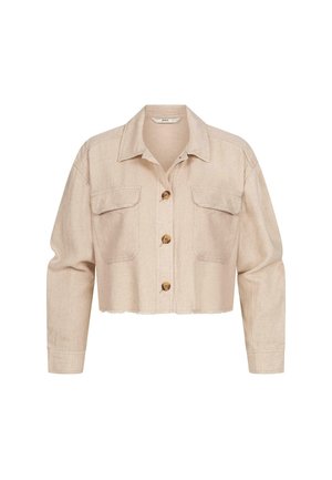 Veste beige cropped avec manches longues, fermeture à bouton, deux poches poitrine avec rabats et un col classique.