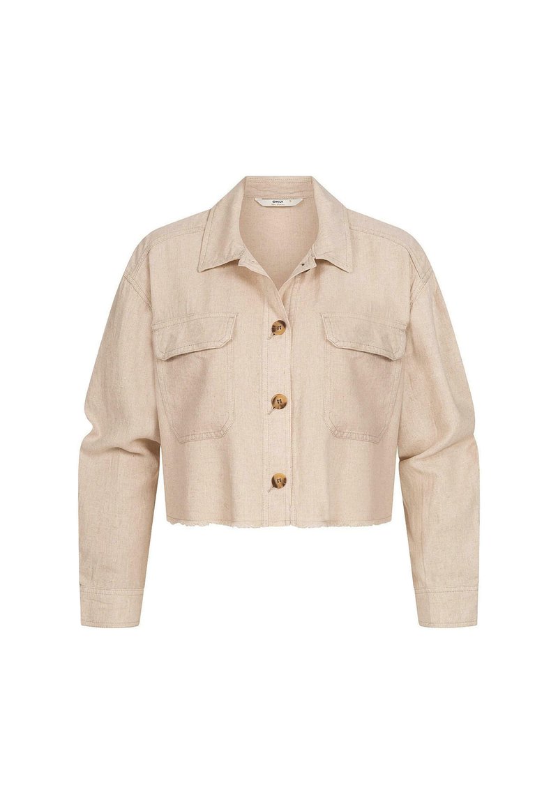 Beige zkrácená bunda s dlouhými rukávy, předním zapínáním na knoflíky, dvěma náprsními kapsami s klopami a klasickým límcem.