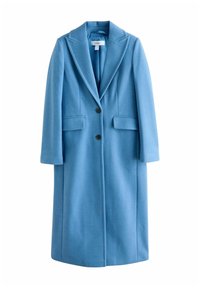 Hellblauer Wollmischmantel mit Reverskragen, zwei Vorderseiten-Taschen, Ein-Knopf-Verschluss und langen Ärmeln. Glatte Textur.