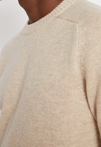 Beżowy sweter dzianinowy z okrągłym dekoltem, ribbowanym wykończeniem i miękką teksturą. Posiada luźny krój i rękawy raglanowe.