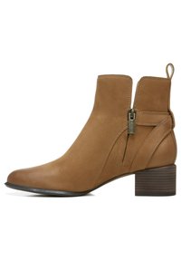 Braune Lederankelstiefel mit einer abgerundeten Zehe, seitlichem Reißverschluss und einem niedrigen Blockabsatz. Verfügt über ein minimalistisches Design und subtile Nähdetails.