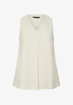 Mouwloze beige blouse met V-hals, een plooivouw aan de voorkant en een losse pasvorm, gemaakt van lichtgewicht stof.