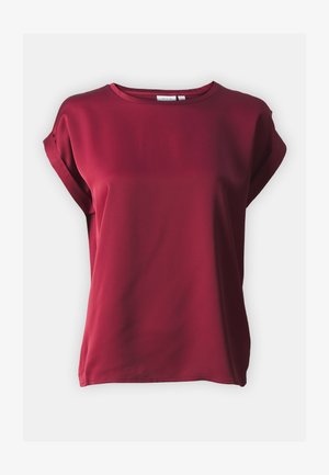 Haut bordeaux à manches courtes avec un col rond, fabriqué en tissu lisse avec une coupe décontractée et un léger détail de pli aux manches.