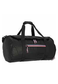 Borsa da viaggio nera realizzata in nylon, con forma cilindrica, doppi manici e una tasca con zip decorata con accenti rossi, bianchi e blu.