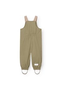 Khaki grønn overall med justerbare beige stropper, elastiske ankler og sirkulære metalldetaljer. Glatt tekstur og enkelt design.