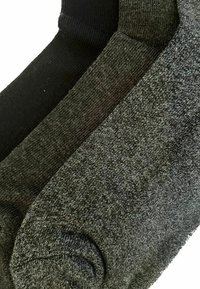 Drei Paar gefaltete Socken aus schwarzem, dunkelgrauem und hellgrauem Strickstoff, die nebeneinander angeordnet sind.