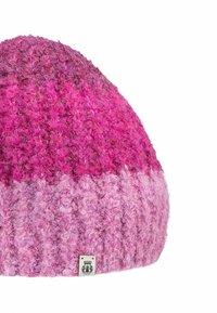 Knit beanie in gradient shades of pink, featuring a textured finish and a small logo patch on the bottom edge.