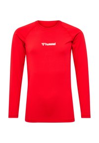 Rotes Sportoberteil mit langen Ärmeln und Rundhalsausschnitt, aus leichtem Stoff gefertigt, mit einem weißen "hummel"-Logo auf der Brust.