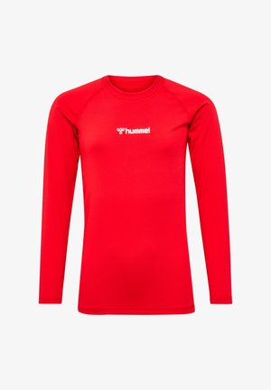 Rotes Sportoberteil mit langen Ärmeln und Rundhalsausschnitt, aus leichtem Stoff gefertigt, mit einem weißen "hummel"-Logo auf der Brust.