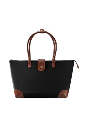 Black tote bag with brown leather handles, corners, and snap closure, featuring a gold round logo detail on the front center.