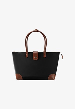 Sac fourre-tout noir avec poignées en cuir marron, coins et fermeture pression, avec un détail de logo rond doré au centre devant.