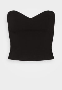 Top nero senza spalline con scollatura a cuore, design aderente, leggermente elasticizzato e cuciture pulite. Il materiale appare liscio e opaco.