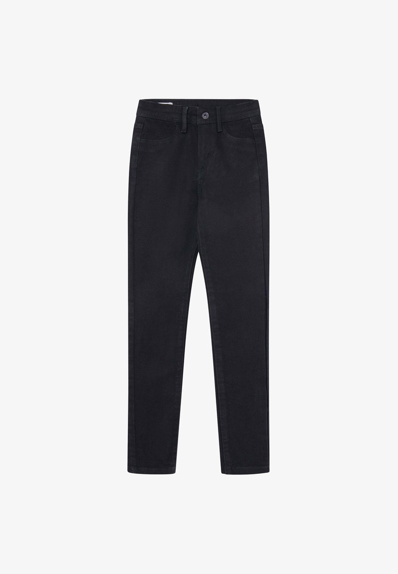 Jean noir taille haute, coupe slim, avec fermeture à boutons et fermeture éclair, passants pour ceinture, poches avant et arrière, étalé à plat sur fond blanc.