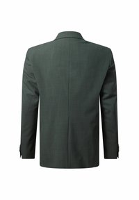 Donkergroene blazer met een subtiele textuurpatroon, met opstaand revers, lange mouwen en een enkele split aan de achterkant.