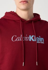 Burgundy hoodie with a drawstring and embroidered "Calvin Klein NEW YORK" logo in light blue, featuring a soft texture and a classic fit.