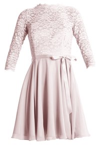 Light pink knee-length dress with lace bodice and sleeves, satin ribbon tied at waist, and flowing chiffon skirt.