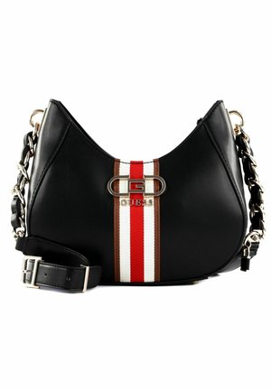 Borsa a spalla in pelle nera con design curvo, caratterizzata da un accento centrale a strisce in rosso, marrone e bianco, e hardware dorato.