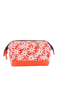 Rood-wit bloemenpatroon cosmetica tas met een ritssluiting, gemaakt van synthetisch materiaal en een gestructureerde oranje onderste accent.