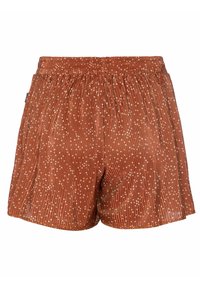 Shorts plissés couleur rouille avec un motif de points blancs et une ceinture élastique, présentés de face sur un fond blanc.