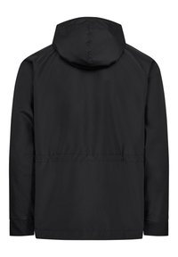 Giacca nera con zip e cappuccio, caratterizzata da una texture liscia, polsini elasticizzati e un design semplice senza hardware o dettagli visibili.