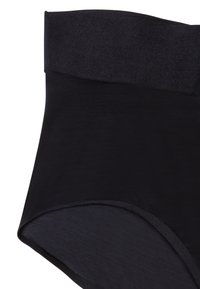 Höga svart shapewear med en slät textilfinish, sömlösa kanter och ett brett, elastiskt midjeband för komfort och stöd.