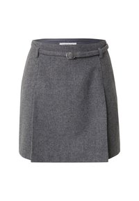 Grijze wollen rok met een aansluitende taille, riemlussen en een haaksluiting, met een rechte snit en subtiele textuur.