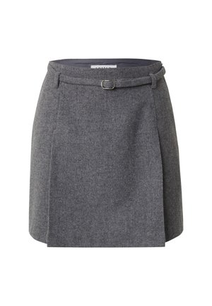 Grijze wollen rok met een aansluitende taille, riemlussen en een haaksluiting, met een rechte snit en subtiele textuur.