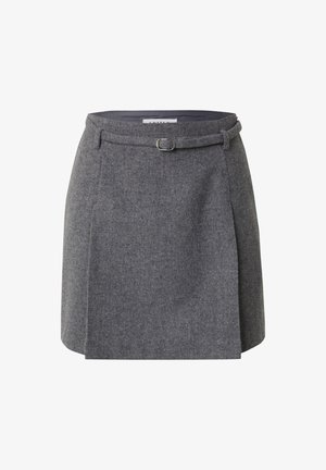 Grauer Wollrock mit tailliertem Bund, Gürtelschlaufen und Clipverschluss, mit geradem Schnitt und subtiler Textur.